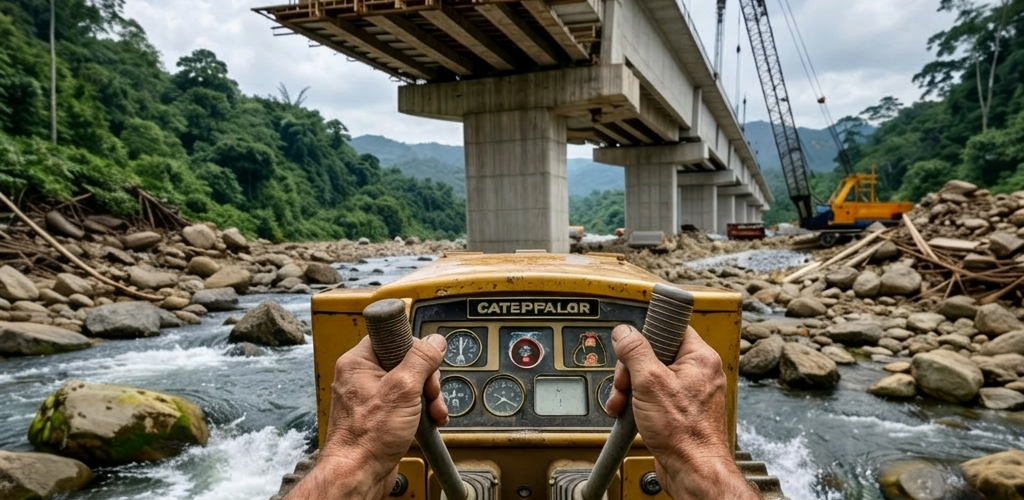 Person driving yellow tractor on narrow metal bridge over river in forest