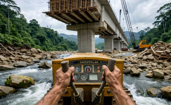 Person driving yellow tractor on narrow metal bridge over river in forest