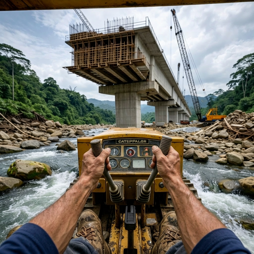 Person driving yellow tractor on narrow metal bridge over river in forest